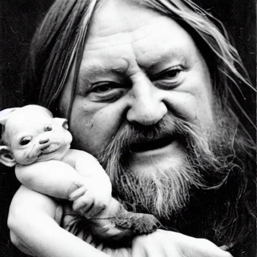 Image similar to robert wyatt cradling a goblin like a baby, photograph