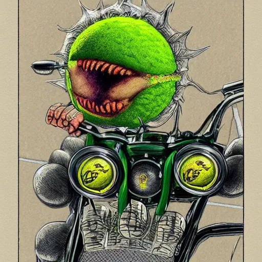 Prompt: a tennis ball monster on a motorcycle harley davidson on a tennis court, digital art, fantasy, magic, chalk, trending on artstation, ultra detailed, professional illustration by basil gogos