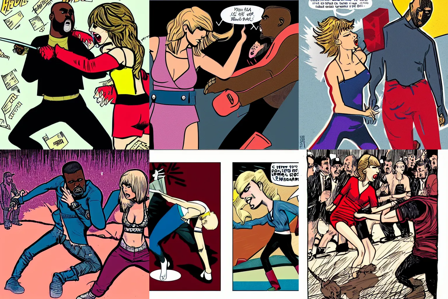 Prompt: A comic book illustration by John Higgins showing Taylor Swift fighting Kanye West