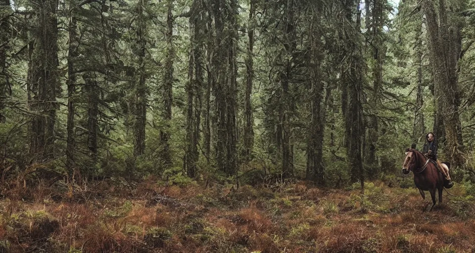 Prompt: First official image from Alejandro Landes' new western film Moss and Lead. Filmed by Jasper Wolf on ALEXA Mini, Vantage One T1 lens in Oregon's Siuslaw National Forest. Cinematography, contrast, nighttime.