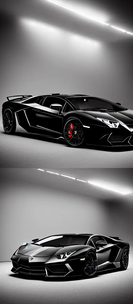 Image similar to Black Color Of A Lamborghini Aventador, unreal 5, hyperrealistic, realistic, photorealistic, dynamic lighting, highly detailed, cinematic landscape, studio landscape, studio lighting