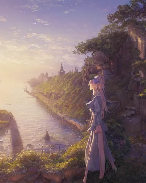 Image similar to over the shoulder landscape painting of violet evergarden, behind her is a distant old european city leiden from violet evergarden next to the reflecting ocean, ocean, sunshine, by Philipp A. Urlich and Pengzhen Zhang and Andreas Rocha, fantasy, intricate, elegant, highly detailed, digital painting, artstation, blender, unreal engine 5, octane render, smooth, sharp focus, illustration