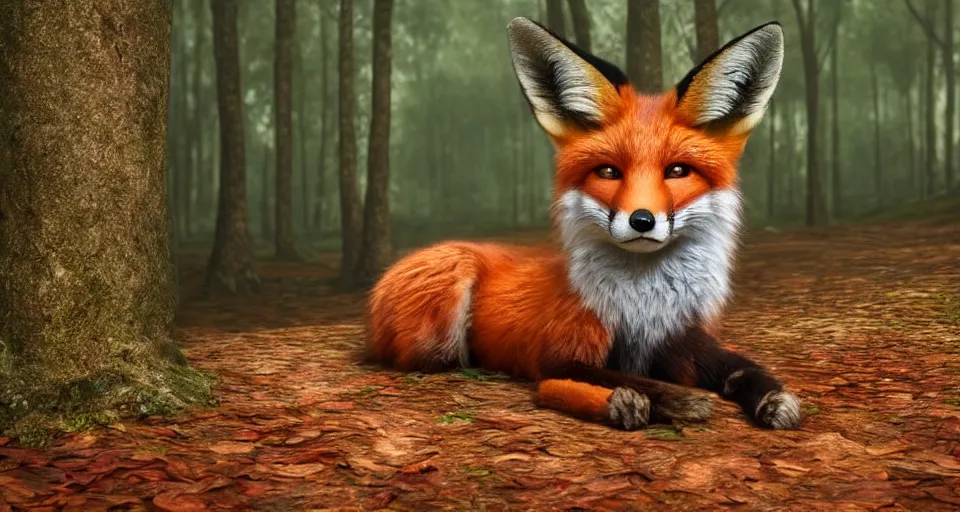 Prompt: A beautiful hyper realistic ultra detailed lifelike matte painting of a fox in a forest, unreal engine, deviantart, flickr, artstation, octane render, textured, colorful, extreme realistic detail, physically based rendering, pbr render, very detailed, volumetric lighting, detailed lighting, octane render, 4k, cinematic lighting, 8k resolution