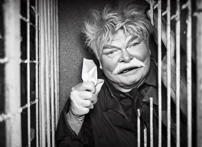 Image similar to photo still of rip taylor in a jail cell!!!!!!!! at age 5 4 years old 5 4 years of age!!!!!!! throwing confetti from a bucket, 8 k, 8 5 mm f 1. 8, studio lighting, rim light, right side key light