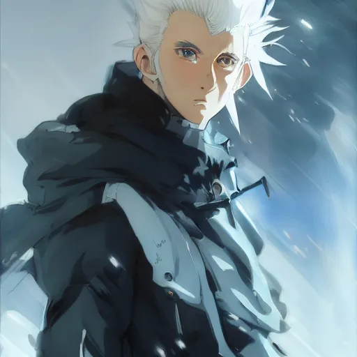 Image similar to anime style portrait of a young man with white hair and blue eyes, dramatic lighting, anime illustration by Greg rutkowski, yoji shinkawa, 4k, digital art, concept art, trending on artstation, アニメ, featured on pixiv