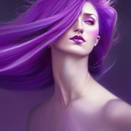 Image similar to Purple hair relistic Portrait of a woman with bright colored flying hair, all shades of purple. Beauty face, Hair coloring, fantasy, intricate, elegant, highly detailed, digital painting, artstation, concept art, smooth, sharp focus, illustration, art by artgerm and greg rutkowski and alphonse mucha