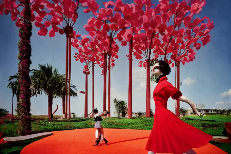 Prompt: giant flower head, girl walking in 1 9 6 0 hotel, surreal, symmetry, flat space, fanciful, hue, detailed, wes anderson