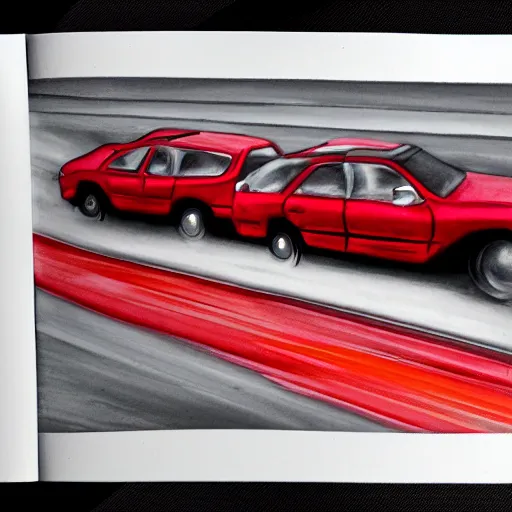 Prompt: An illustration of a red car rushing on the highway by matt griffin