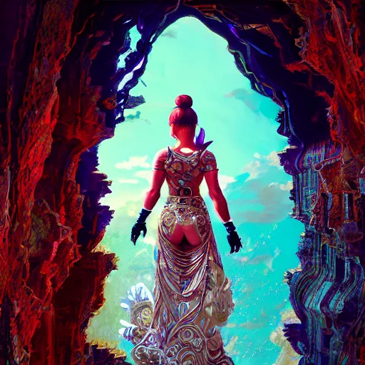 Image similar to feminine dwayne johnson in intricate clothing by ross tran, walking in a castle painted by sana takeda, rtx reflections, very high intricate details, digital anime art, medium shot, mid - shot, composition by ilya kuvshinov, lighting by greg rutkowski