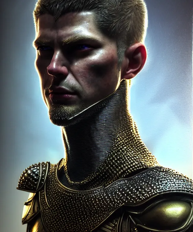 Image similar to hyperrealistic mixed media painting of a stoic male ranger, stunning 3d render inspired art by P. Craig Russell and Barry Windsor-Smith + perfect facial symmetry + dim volumetric lighting, dark studded leather tunic, head and shoulders, d&d, 8k octane beautifully detailed render, post-processing, extremely hyperdetailed, intricate, epic composition, grim yet sparkling atmosphere, cinematic lighting + masterpiece, trending on artstation, very very detailed, masterpiece, stunning