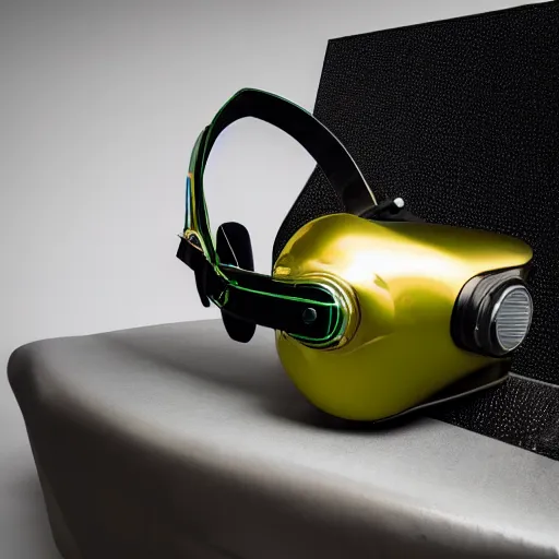 Prompt: product photography of a glossy green metallic and gold metallic shiny futuristic virtual reality headset in the style of a shelby ac cobra 4 2 7 ( 1 9 6 6 ), studio lighting, - c 1 3 - w 1 0 2 4 - h 1 0 2 4 - n 4 - s 1 5 0