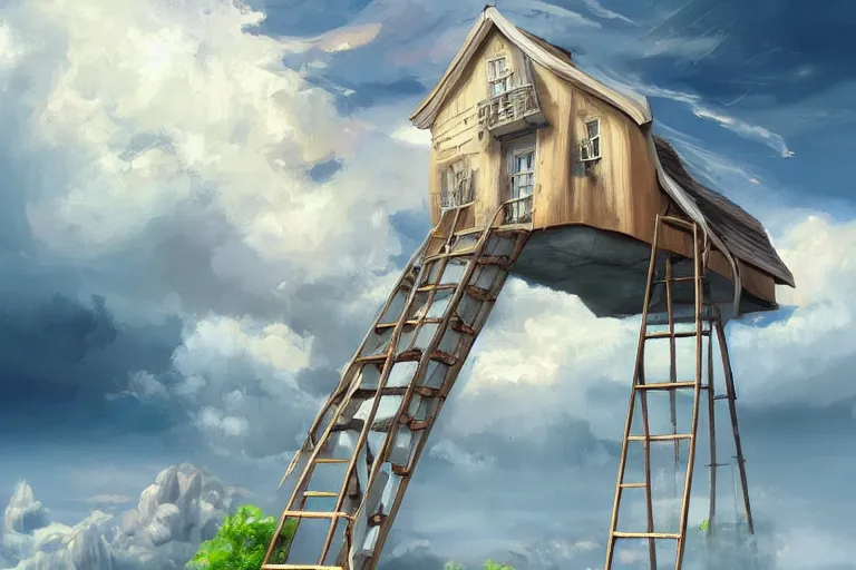 Image similar to A hyperdetailed digital oil painting of a house in the clouds,ladder,cartoon, Trending on ArtStation and DeviantArt