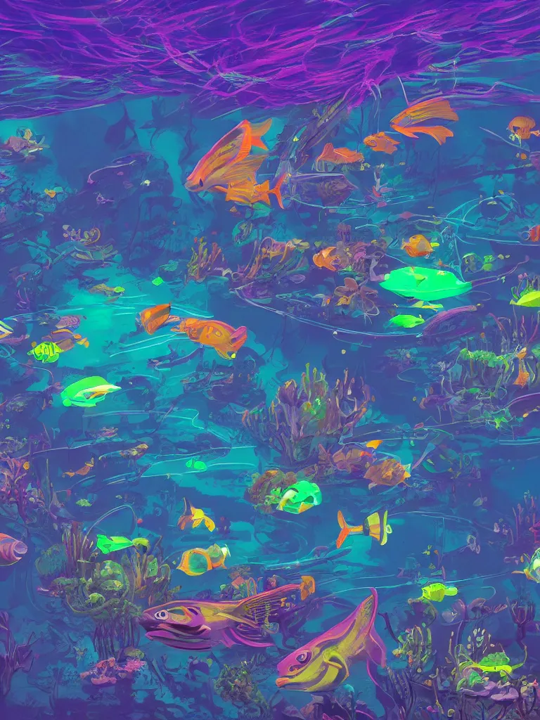 Image similar to neon fish under water at night as seen from overhead by disney concept artists, blunt borders, rule of thirds