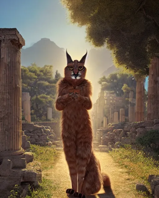 Image similar to fullbody photo of humanoid cute fluffy caracal dressed in toga, sun behind him, ancient greek city, sunny day, by ilya kuvshinov, rtx rendering, octane render 1 2 8 k, maya, extreme high intricate details by tom bagshaw, medium shot, composition by sana takeda, lighting by greg rutkowski