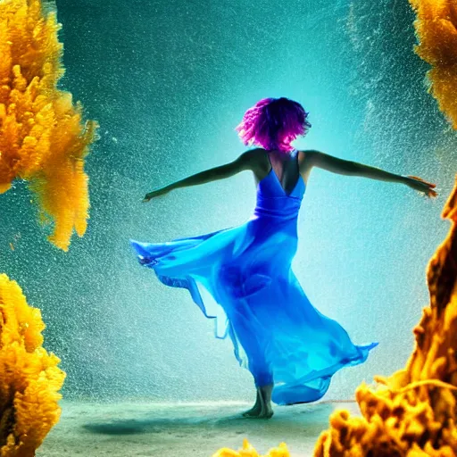 Image similar to woman dancing underwater wearing a flowing dress made of blue, magenta, and yellow seaweed, delicate coral sea bottom, swirling silver fish, swirling smoke shapes, octane render, caustics lighting from above, cinematic