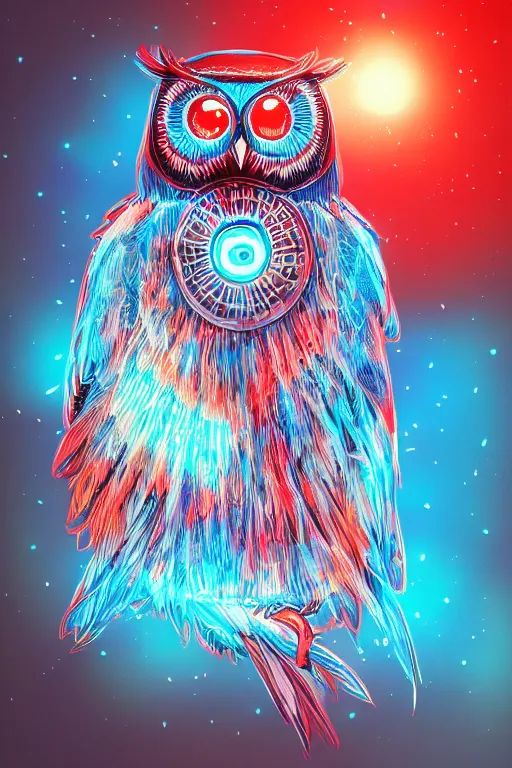 Prompt: glowing owl, white, red and blue colours, highly detailed, digital art, sharp focus, trending on art station