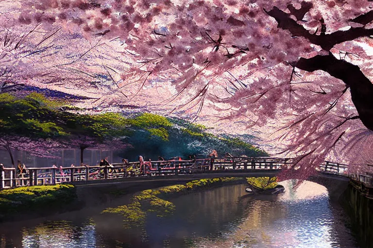 Image similar to cherry blossom and the kamo river, kyoto, japan. volumetric lighting, ( dew ), spring morning, clear weather, very few clouds, realistic illustration, perfectly shaded, soft painting, art by krenz cushart and wenjun lin