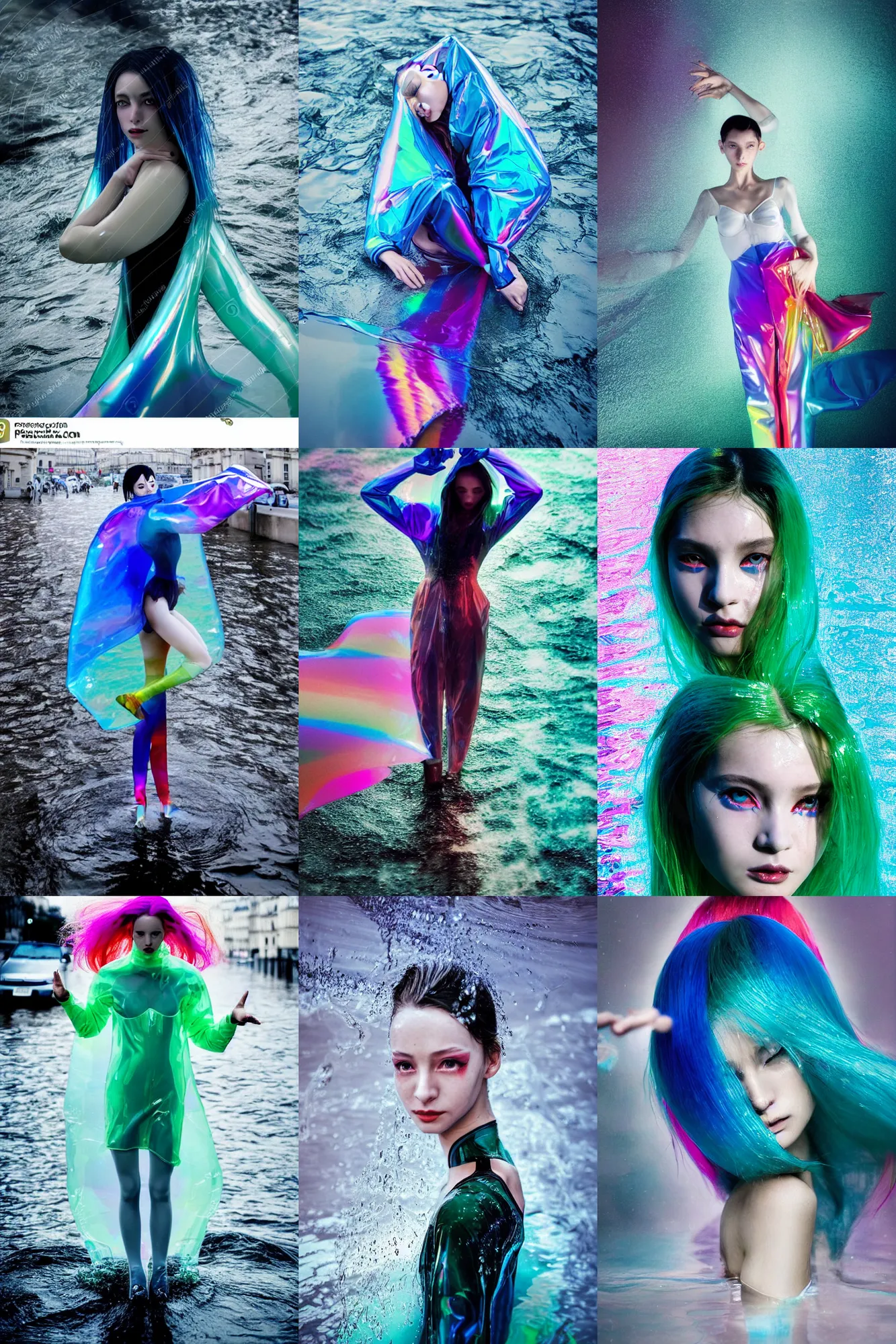 Prompt: Beautiful Jacques Bodin seinen manga Fashion photography portrait of feminine ballet dancer half submerged in heavy nighttime paris floods, water to waste, wearing a translucent refracting rainbow diffusion wet plastic zaha hadid designed specular highlights raincoat, épaule devant pose;blue hair;green anime eyes by wlop;petite; by Nabbteeri, épaule devant pose, ultra realistic, Kodak , 4K, 75mm lens, three point perspective, chiaroscuro, highly detailed, by moma, by Nabbteeri