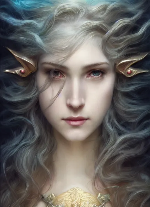 Image similar to beautiful one face portrait of a seductive princess zelda underwater murky light, wind blown hair! dark fantasy esoteric, closeup, d & d, fantasy, intricate, elegant, highly detailed, digital painting, artstation, concept art, matte, sharp focus, illustration, art by artgerm and tom bagshaw and greg rutkowski and alphonse mucha