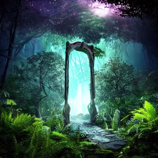 Image similar to ominous, portal to another dimension embedded in a beautiful tree in a densely overgrown jungle, fantasy, dreamlike sunrise volumetric lighting, ultra realistic, atmospheric, stopped in time, epic