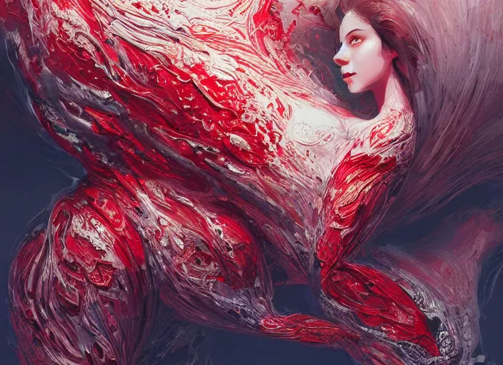 Image similar to woman in love sit upon a scarlet coloured beast, pain, light effect, hyper detailed, intricate, elegant, highly detailed, digital painting, artstation, concept art, matte, sharp focus, illustration, by james jean, andrei riabovitchev, marc simonetti, yoshitaka amano