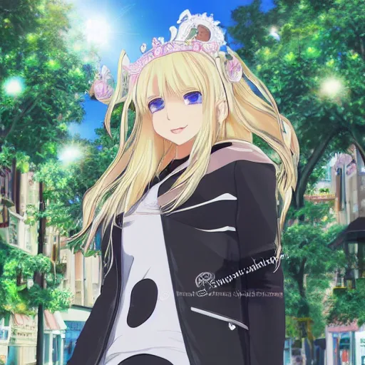 Image similar to blonde - haired princess, anime princess, wearing black jacket and white leggings, looking through crowd, town street, festival street, trees, green trees, blue lighting, blue sunshine, strong lighting, strong shadows, vivid hues, ultra - realistic, sharp details, subsurface scattering, intricate details, hd anime, 2 0 1 9 anime