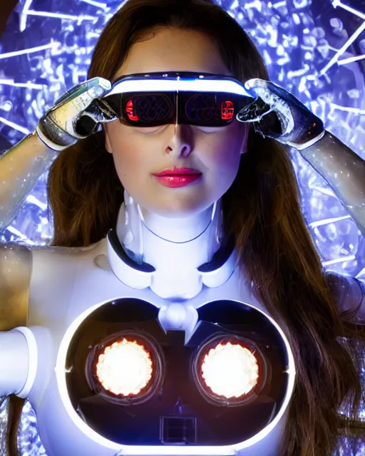 Prompt: centered portrait of flirtatious young sabrina salerno as a solarpunk mecha humanoid robotic parts wearing crystal goggles with bright led lights, real human face, pudica pose bouguereau style, in white room, ultra - realistic and intricate, soft portrait shot 8 k