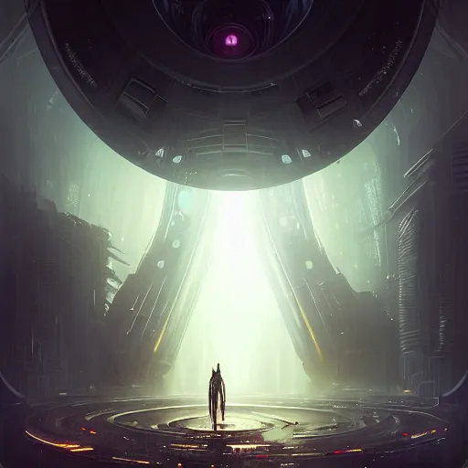 Image similar to a circular portal structure in the centre of an abandoned and overgrown alien city, beautiful curves, sci - fi, fantasy, golden ratio, epic lighting, unusual composition, messy brush strokes, very detailed, 4 k, in the style of blade runner and peter mohrbacher, ominous vibes, harsh lighting