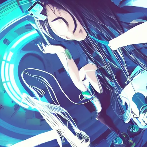 Image similar to Frequency indie album cover, luxury advertisement, blue filter, blue and black colors. Clean and detailed post-cyberpunk sci-fi close-up schoolgirl in asian city in style of cytus and deemo, blue flame, relaxing, calm and mysterious vibes, by Tsutomu Nihei, by Yoshitoshi ABe, by Ilya Kuvshinov, by Greg Tocchini, nier:automata, set in half-life 2, GITS, Blade Runner, Neotokyo Source, Syndicate(2012), dynamic composition, beautiful with eerie vibes, very inspirational, very stylish, with gradients, surrealistic, dystopia, postapocalyptic vibes, depth of field, mist, rich cinematic atmosphere, perfect digital art, mystical journey in strange world, beautiful dramatic dark moody tones and studio lighting, shadows, bastion game, arthouse