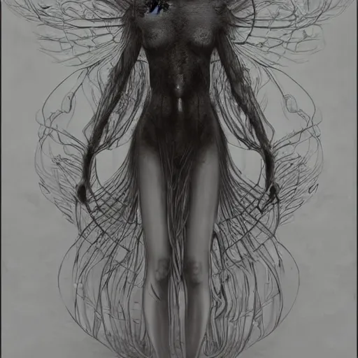 Prompt: a beautiful fairy girl inspired by zdzislaw beksinski, giger, and cam de leon