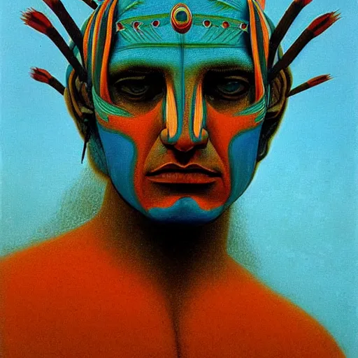 Image similar to symmetric portrait of indigenous warrior, turquoise and orange. realistic. high detail.by zdzisław beksiński