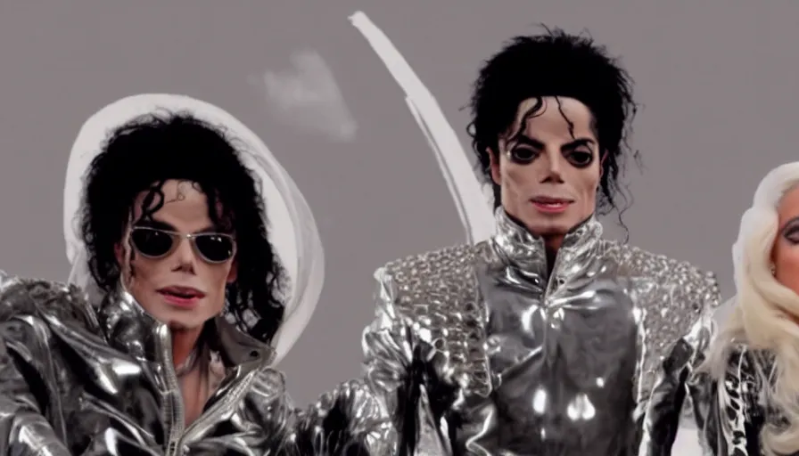 Image similar to michael jackson and lady gaga in a surreal futuristic music video