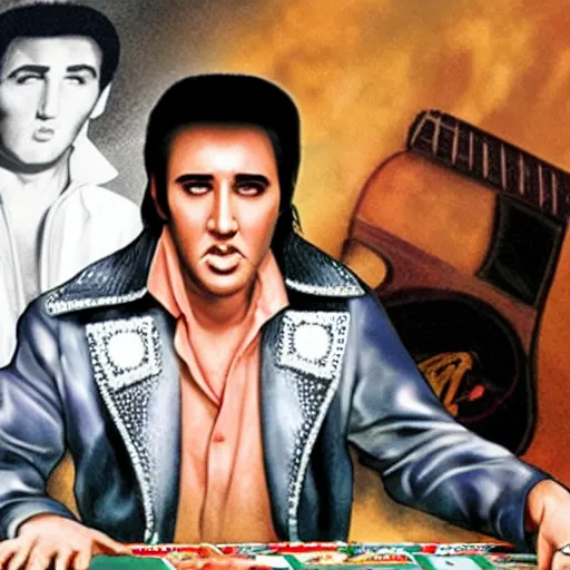 Image similar to nicolas cage as elvis presley playing the guitar over a poker table