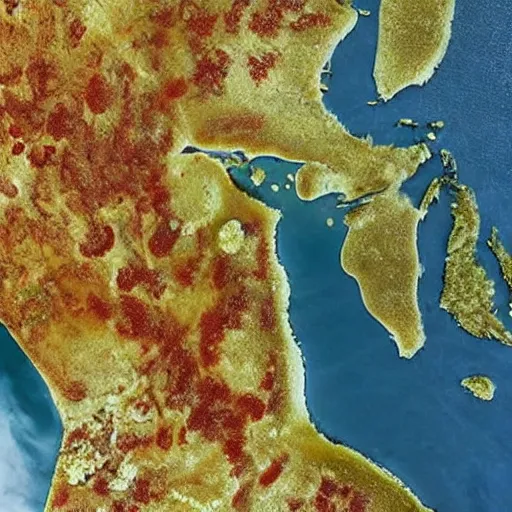 Prompt: satellite photograph of the Great Lakes filled with pizza sauce