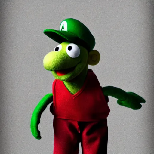 Image similar to A full body still of Luigi as a muppet, photo real, photographic, photograph, artstation, trending, award winning, epic lighting, featured