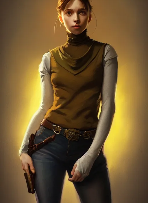 Image similar to portrait of a full body of beautiful young female detective, d & d, sleeveless turtleneck, fantasy, flat lighting, intricate, highly detailed, digital painting, artstation, concept art, smooth, sharp focus, illustration, art by simon bisley and greg rutkowski and alphonse mucha, natural tpose