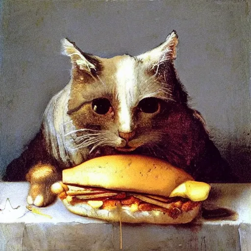 Prompt: “cat eating a huge sandwich by rembrandt”