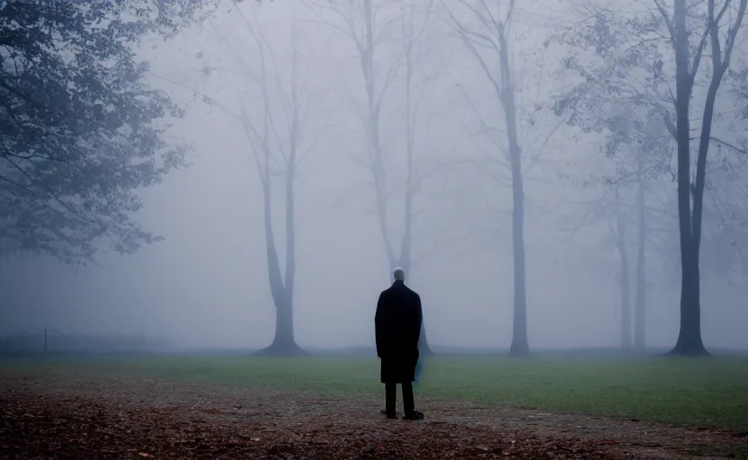 Image similar to cinematic shot of a lonely man with broken heart at park, moody scene from being john malcovich directed by charlie kaufman ( 2 0 0 1 ), foggy volumetric light morning, anamorphic lenses, kodak color film stock