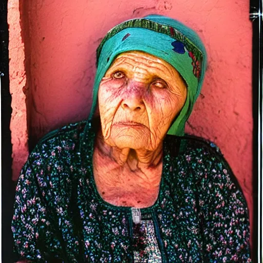 Prompt: photo, tlaquepaque, old woman, portrait, kodak ektachrome 1 2 0,