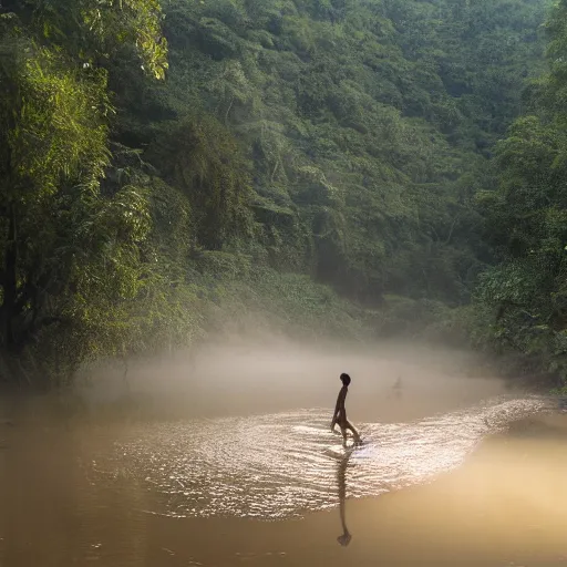 Image similar to award winning photo of a nepali village girl, bathing in a river, early morning, foggy, sunlight