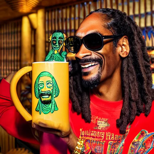 Image similar to a closeup photorealistic photograph of happy snoop dogg at trader vic's bar holding a tiki mug that features the face of snoop dogg. brightly lit scene. this 4 k hd image is trending on artstation, featured on behance, well - rendered, extra crisp, features intricate detail, epic composition and the style of unreal engine.