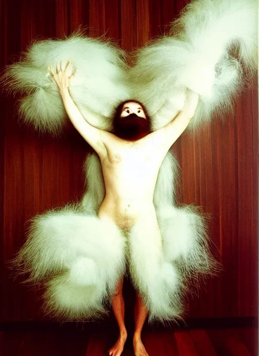 Image similar to realistic photo portrait of the person slowly morphing into a bird, hairy fur fluffy, in the spacious wooden polished and fancy expensive wooden room interior with many cloud sculptures 1 9 9 0, life magazine reportage photo