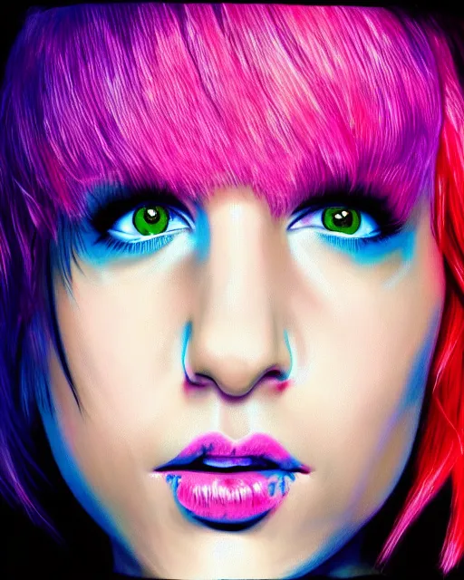 Image similar to neon Hayley Williams, fine details, realistic shaded, fine-face, pretty face