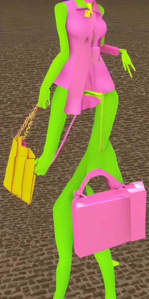 Image similar to 3d glitched malice yellow doll carrying a pink fashion bag in a street city psx rendered early 90s net art n64