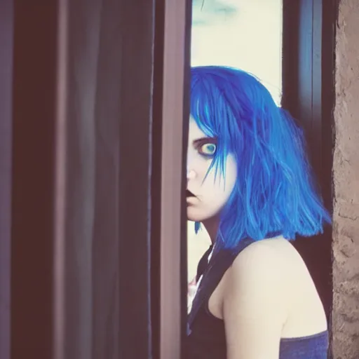 Image similar to an adorable goth girl with blue hair gazing out a coffee shop window, soft early morning light, cinematic angle, dreamy 3 5 mm film portrait