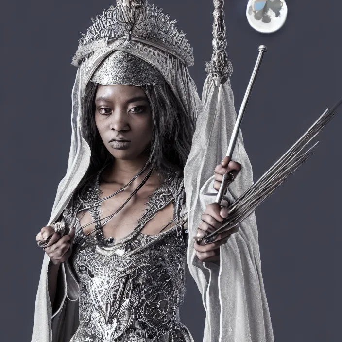 Image similar to photograph of a real-life beautiful lunar witch with intricate silver robes and staff. Extremely detailed. 8k