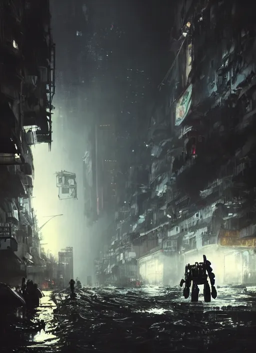 Prompt: dramatic Photorealistic, Matte Painting of a gigantic Mobile suit Mech standing in a busy post apocalyptic deep flooded Hong Kong city street at night,dark Tall buildings by Greg Rutkowski,Craig Mullins,Hyperrealism,Beautiful dramatic moody lighting,Cinematic Atmosphere,volumetric,Octane Rendering,8K