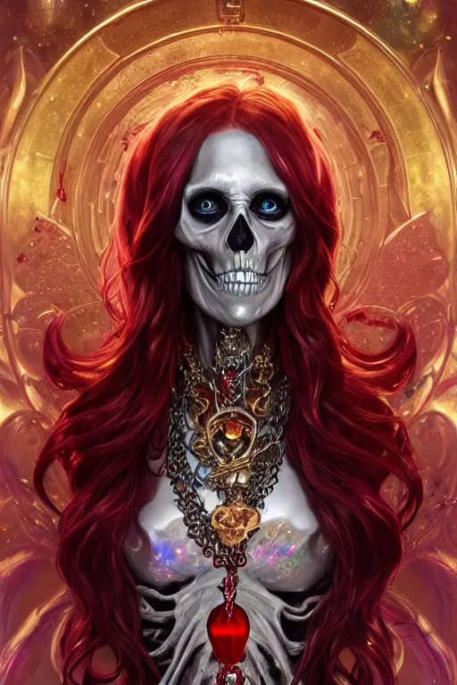 Image similar to woman lich skeleton made of iridescent aether and shiny gems covered with blood, long red hair, golden necklace, ultra realistic, concept art, intricate details, highly detailed, photorealistic, octane render, 8 k, unreal engine. dnd art by artgerm and greg rutkowski and alphonse mucha