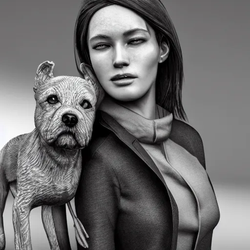 Prompt: ultra mega super hyper realistic Full lenght view contemporary art photography of highly detailed woman with highly detailed face walking with a highly detailed dog . Photo on Leica Q2 Camera lens angle 200mm, Rendered in VRAY and DaVinci Resolve and MAXWELL and LUMION 3D, Volumetric natural light