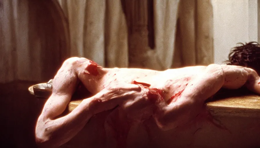 Image similar to movie still of jean - paul marat a wound at the chest, bleeding in the bath, cinestill 8 0 0 t 3 5 mm, high quality, heavy grain, high detail, cinematic composition, dramatic light, anamorphic, ultra wide lens, hyperrealistic, by pasolini